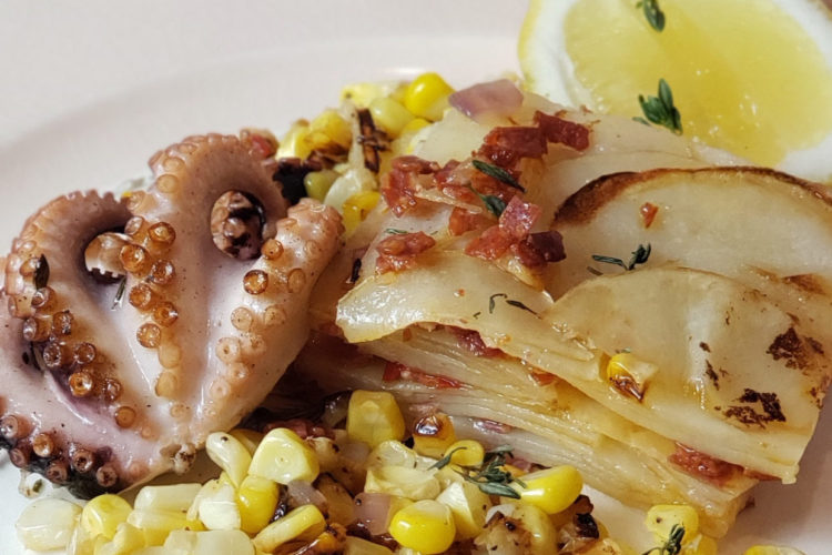 Octopus with Potatoes & Chorizo Gratin and Sweet Corn, Red Onions, and Calabrian Chili